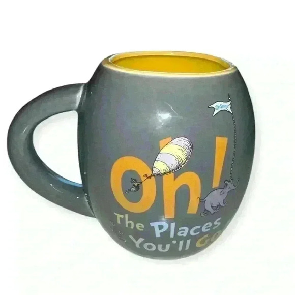 Dr. Seuss Coffee Tea Mug "Oh the Places You'll Go" Gray Yellow 4.5" Elephant - Picture 1 of 10
